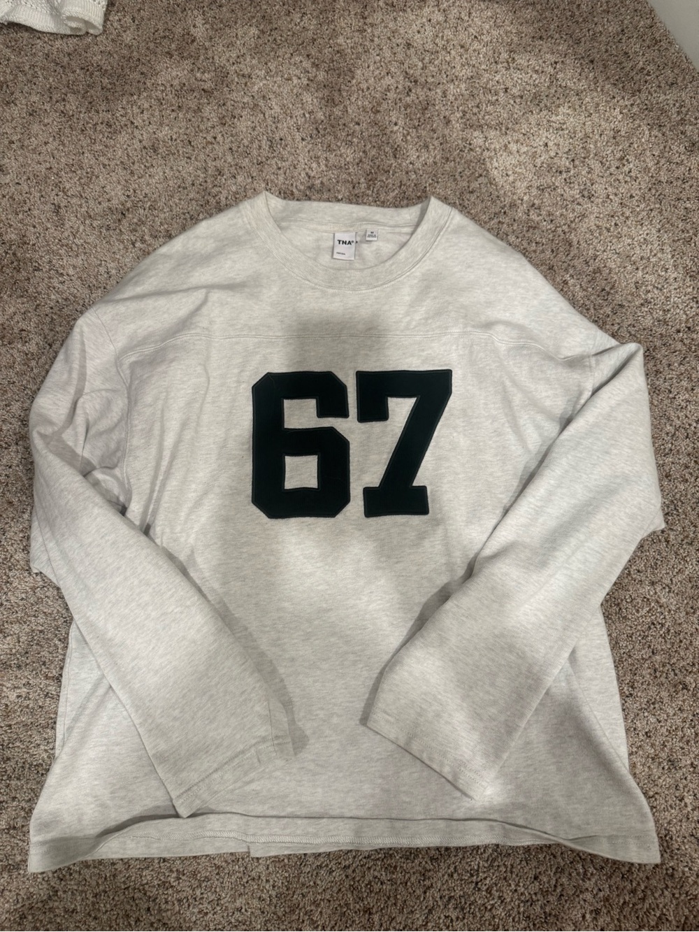 Aritzia Light Heather Gray Sweatshirt with green '67' Appliqué